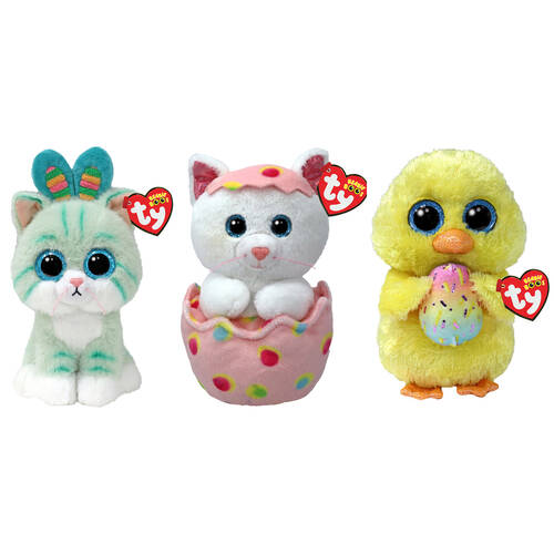TY Beanie Boos Gumdrop Cat/Giggles Cat In Egg/Marigold Chick Plush Combo 3+
