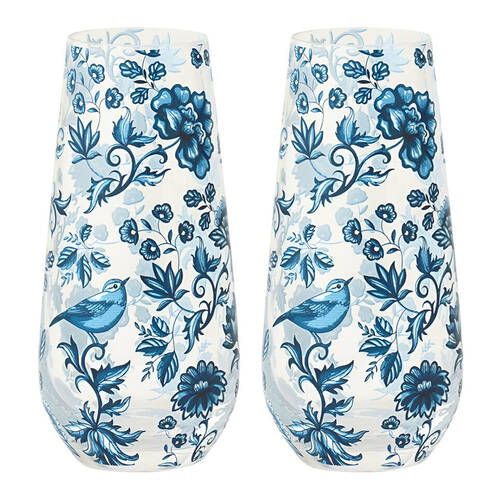 2PK Pilbeam Living Chinoiserie Petite Intricate Bee Glass Vase Home Decor Blue