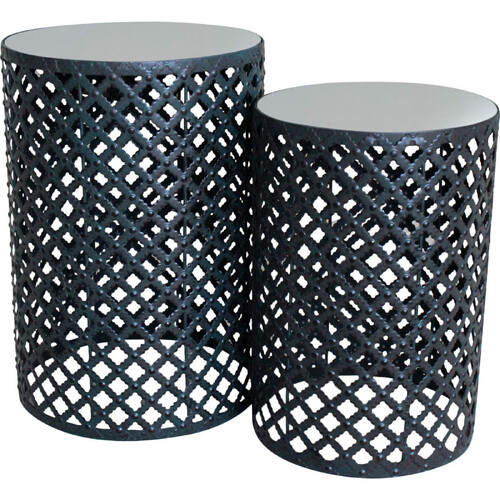 2pc LVD Mirrored Metal 60.5/52cm Drum Table Home Furniture Round - Black
