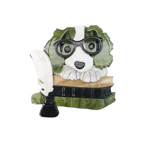 Urban Resin Iris Book Dog Brooch Pin Clip Women's Accessory Green/White