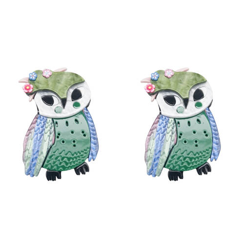 2PK Urban Resin Iris Owl Brooch Pin Clip Women's Accessory Green/White