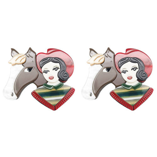 2PK Urban Resin Iris Horsey Girl Brooch Pin Clip Women's Accessory Red