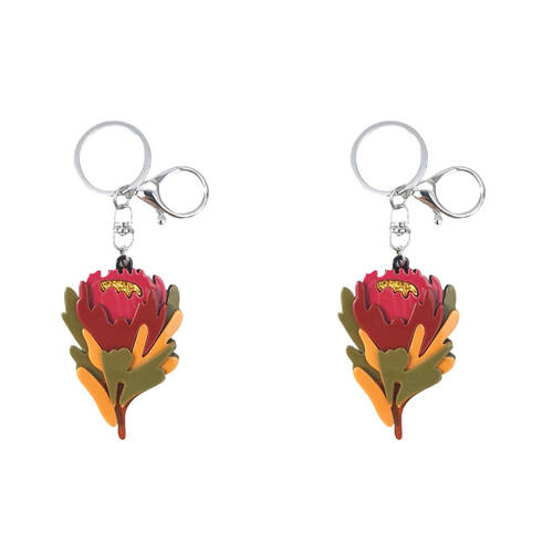 2PK Urban Resin/Metal Iris Waratah Keyring Bag Charm Accessory Red