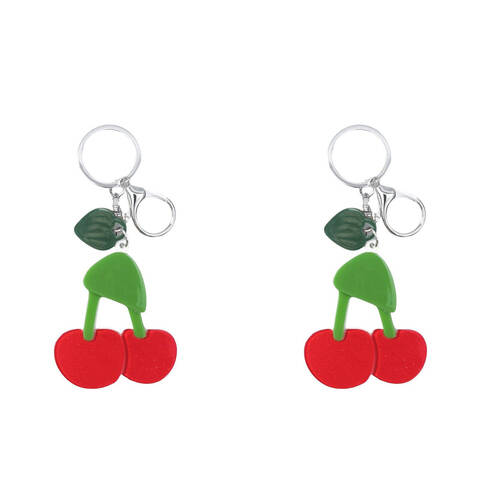 2PK Urban Resin/Metal Iris Cherries Keyring Bag Charm Accessory Red