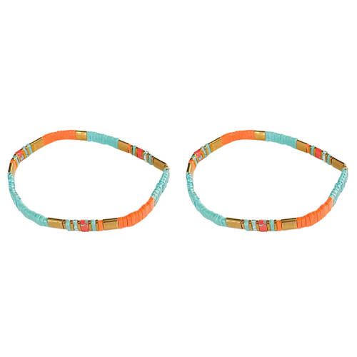 2PK Urban Acrylic Journey Stretch Bracelet Women's Jewellery 16cm Turquoise/Gold