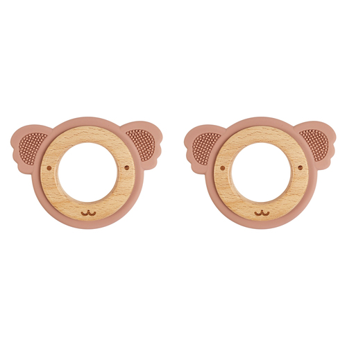 2x Urban Koala 8.5cm Silicone/Wood Teether Ring - Pink & Natural