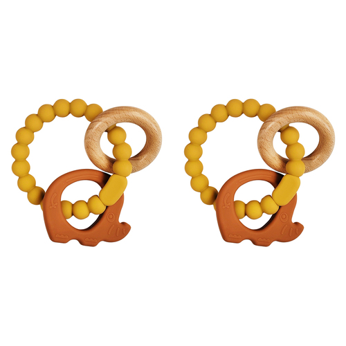 2x Urban Elephant 14cm Silicone Teether Ring Baby Toy - Mustard/Rust & Natural