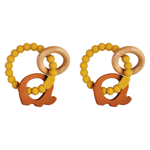 2x Urban Elephant 14cm Silicone Teether Ring Baby Toy - Mustard/Rust & Natural
