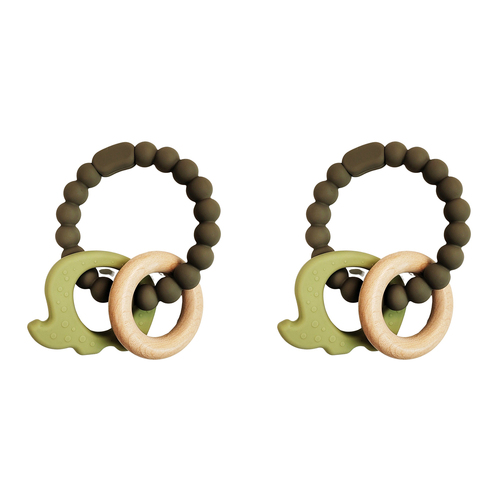 2x Urban Elephant 14cm Silicone Teether Ring Baby Toy - Green & Natural