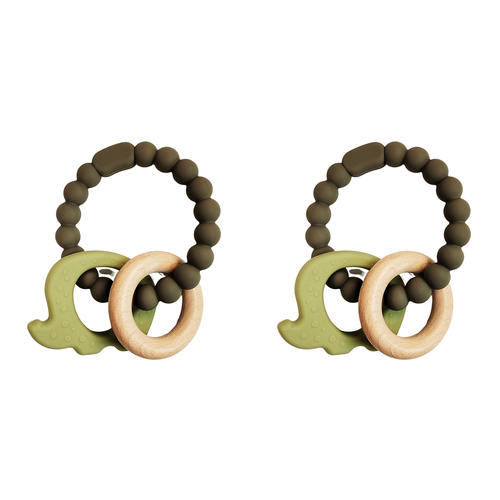2x Urban Elephant 14cm Silicone Teether Ring Baby Toy - Green & Natural