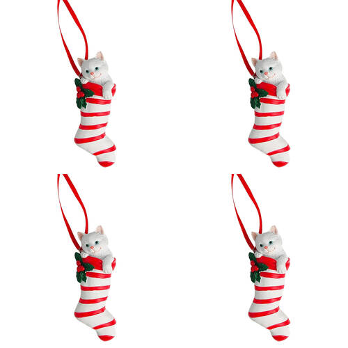4PK Urban Cat in Stocking Hanging Decoration 9cm Red/White Assorted