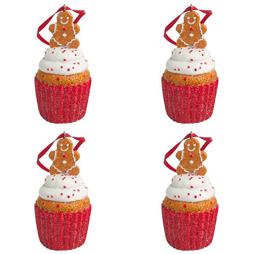 4x Urban Gingerbread Cupcakes Hanging Decoration 8cm Red/White Assorted