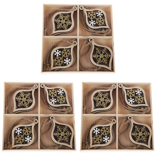 3x 8pc Urban Elegant Snowflake Bauble Set Hanging Decoration 6cm Natural/White/Gold