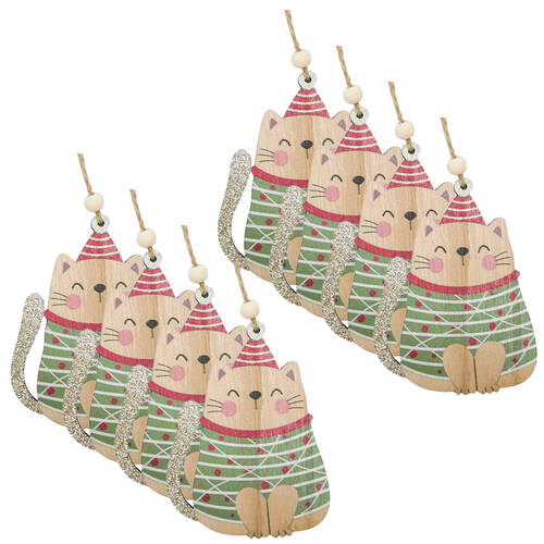 8PK Urban Leo Cat Hanging Christmas Decorations 12cm Red/Green Assorted