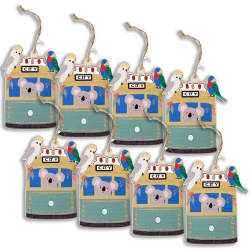 8PK Urban Wooden Oz Animals with Tram Hanging Christmas Decoration 11cm Green