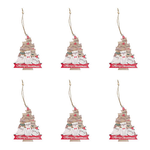 6PK Urban Wooden Leo Cats Tree Hanging Christmas Decoration 15cm Red/Green