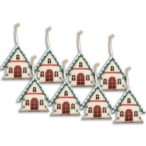 8PK Urban Wooden Chalet Hanging Christmas Decoration 6cm Red/Green Assorted