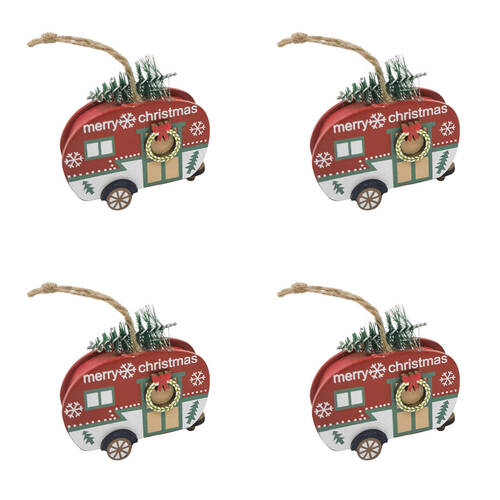 4PK Urban Caravan with Tree Hanging Christmas Decoration 7cm Red/Green Assorted