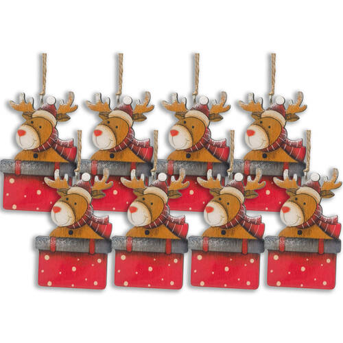 8PK Urban Santa/Reindeer in Present Hanging Christmas Decor 9cm Red Assorted