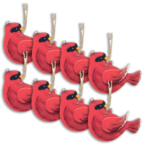 8PK Urban Wood/Resin Cardinal Bird Hanging Christmas Decoration 9cm Red Assorted