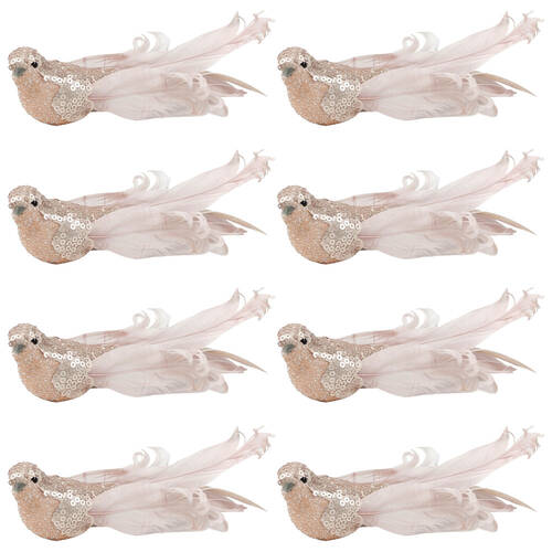 8PK Urban Elegant Bird Feather Clip Christmas Decoration 16cm Pink/Gold