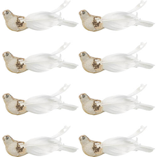 8PK Urban Elegant Bird Feather Clip Christmas Decoration 16cm White/Gold