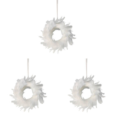 3PK Urban Elegant Feather Wreath Hanging Decoration 14cm White/Gold