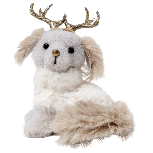 Urban Fluffy Dog with Antlers Decoration White Decorative Seasonal Decor