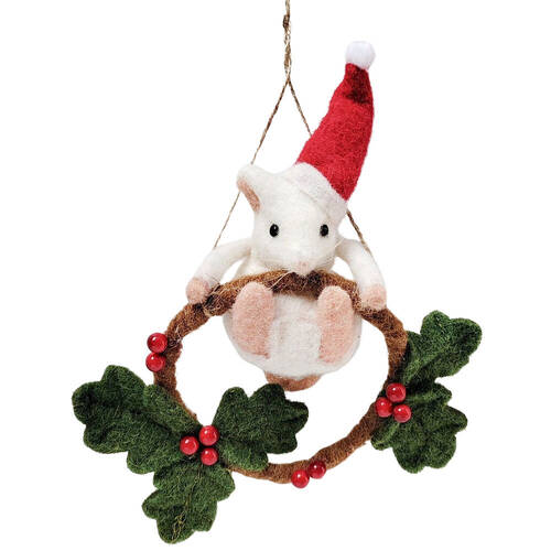 Urban Snowy Christmas Mouse Swinging Wreath Hanging Decoration 21cm White/Brown
