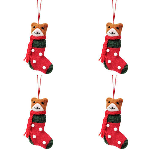4PK Urban Christmas Cats in Stocking Hanging Decoration 13cm Red Assorted