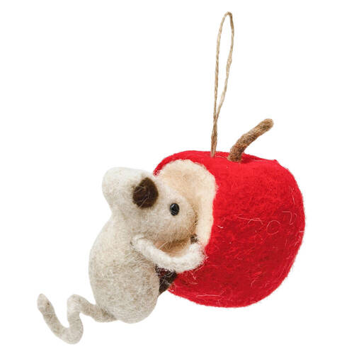 Urban Mouse Eating Apple Hanging Christmas Decoration 11cm Red/Brown