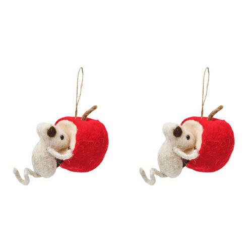 2PK Urban Mouse Eating Apple Hanging Christmas Decoration 11cm Red/Brown