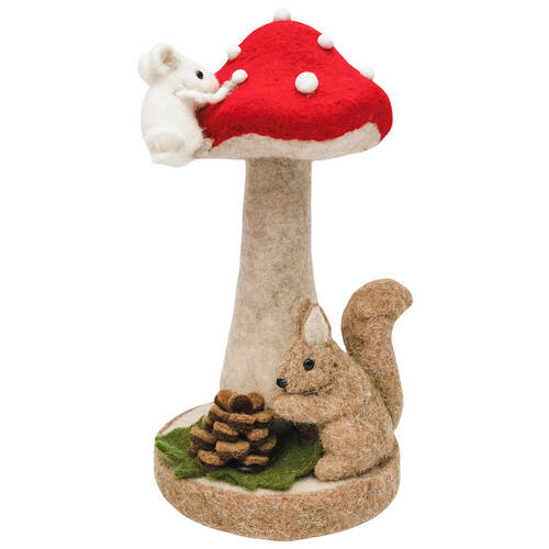 Urban Toadstool with Squirrel Mouse Standing Decoration 32cm Brown/Red