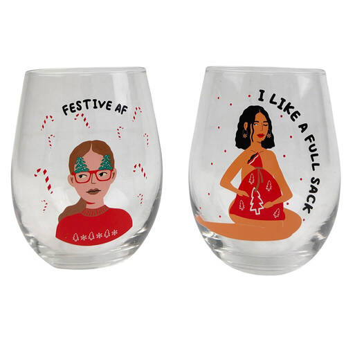 2pc Urban I Like it Festive AF Christmas Stemless Wine Glass Set 12cm Red