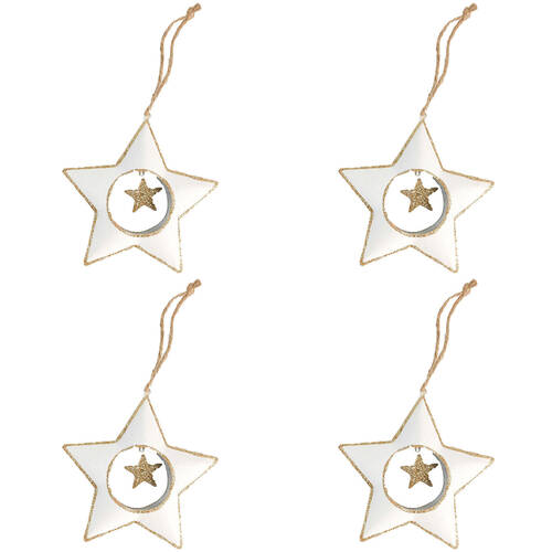 4PK Urban Metal Hanging Decoration With Glitter Stars 9.5cm White/Gold Assorted