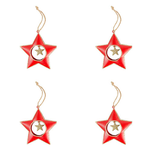 4PK Urban Metal Hanging Decoration With Glitter Stars 9.5cm Red/Gold Assorted