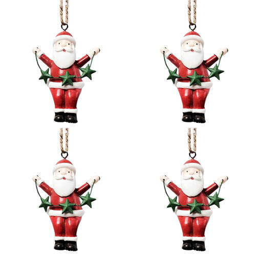 4PK Urban Mini Santa/Reindeer Stars Hanging Decoration 8cm Red/White Assorted