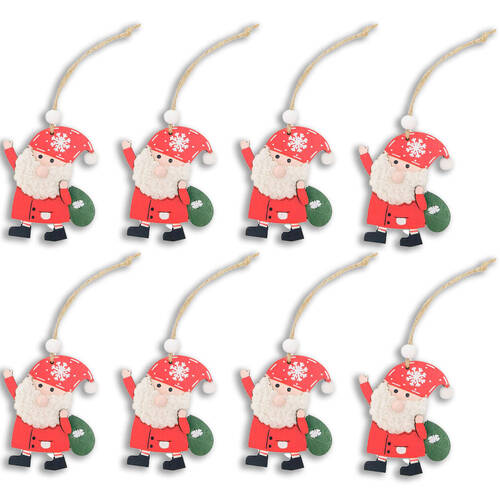 8PK Urban Wooden Santa with Sack Hanging Christmas Decoration 7cm Red/White