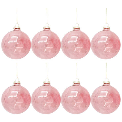 8PK Urban Etched Star Snowflake Glass Baubles Hanging Decor 8cm Pink Assorted