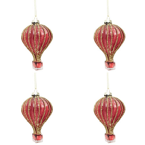 4PK Urban Hot Air Balloon Glass Bauble Hanging Christmas Decoration 9cm Red