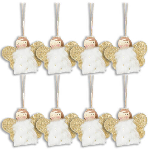 8PK Urban Fluffy Angel Hanging Christmas Decoration 5cm White/Gold Assorted