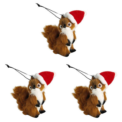 3PK Urban Squirrel with Hat Hanging Christmas Decoration 12cm Brown