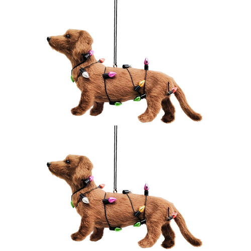 2PK Urban Sausage Dog With Lights Hanging Christmas Decoration 14cm Brown