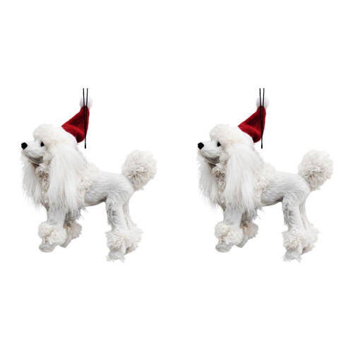 2PK Urban Poodle with Christmas Hat Hanging Decoration 11cm White