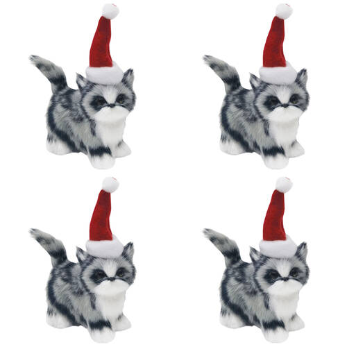4PK Urban Furry Cat Hanging Christmas Tree Decoration 7cm White/Grey