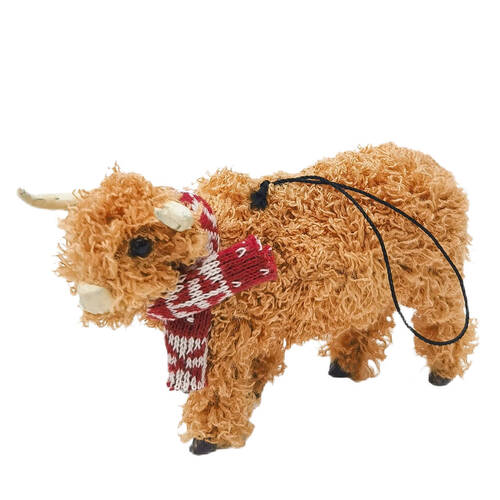 Urban Highland Cow Hanging Christmas Tree Decoration 14cm Brown