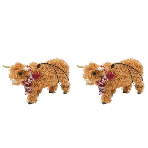 2PK Urban Highland Cow Hanging Christmas Tree Decoration 14cm Brown