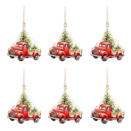 6PK Urban Truck with Christmas Trees Hanging Decoration 10cm Red/Green
