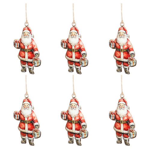 6PK Urban Santas Holding Presents Hanging Decoration 10cm Red/White Assorted