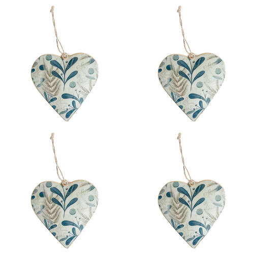 4PK Urban Foliage Heart Star Metal Hanging Decoration 10cm Grey/Blue Assorted